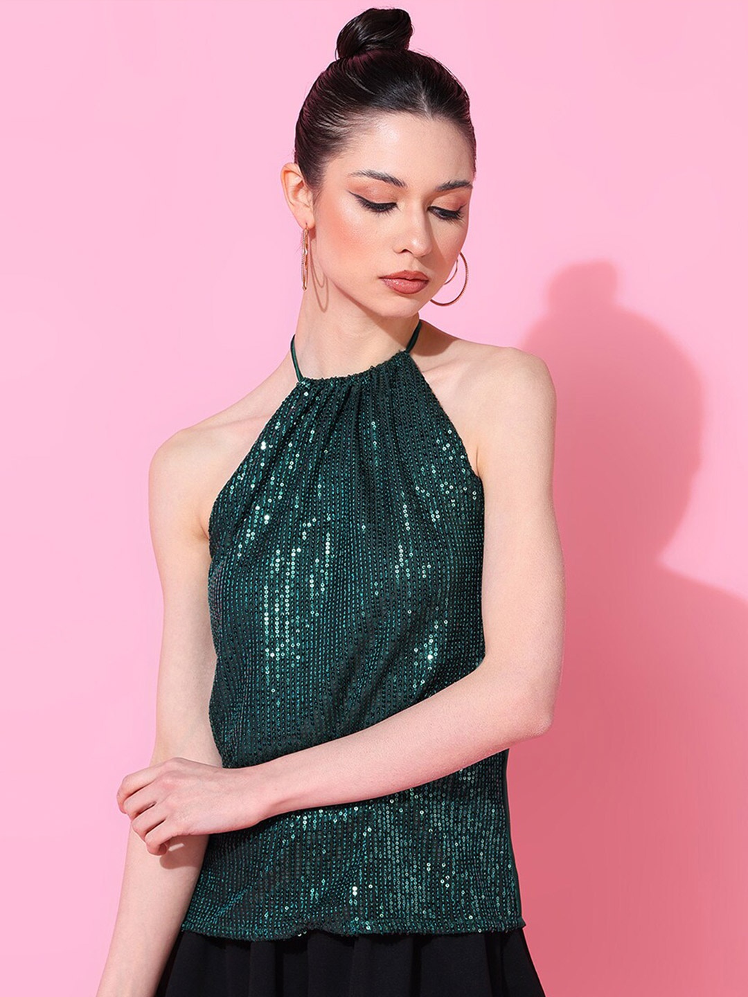 

DODO & MOA Sequin Embellished Halter Neck Sleeveless Top, Green