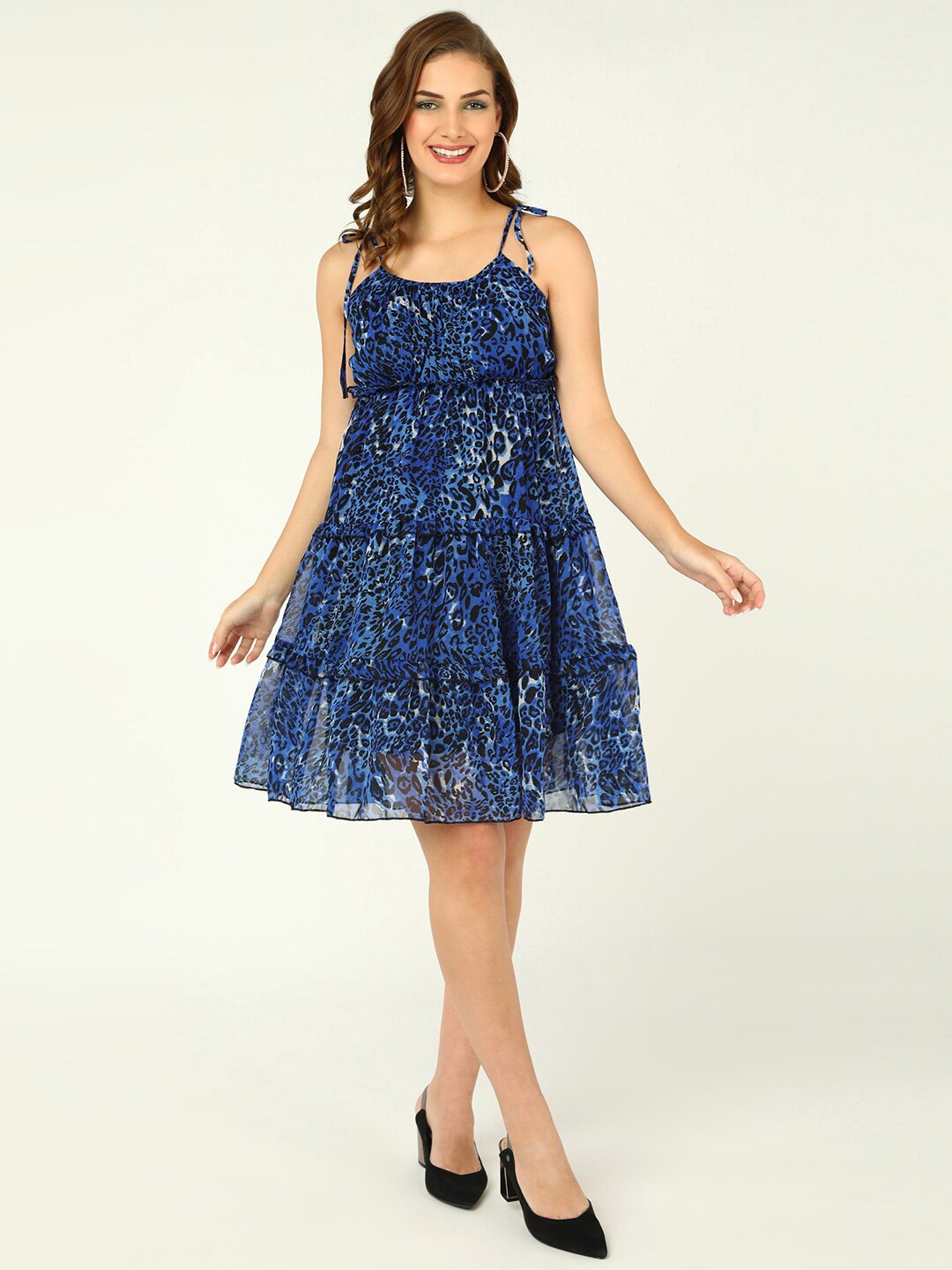 

DODO & MOA Blue Animal Print Georgette Tiered Fit & Flare Dress