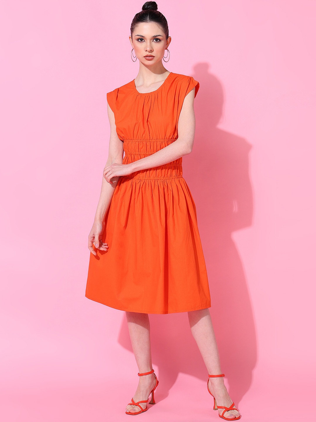 

DODO & MOA Round Neck Smocked Detail Fit & Flare Midi Dress, Orange