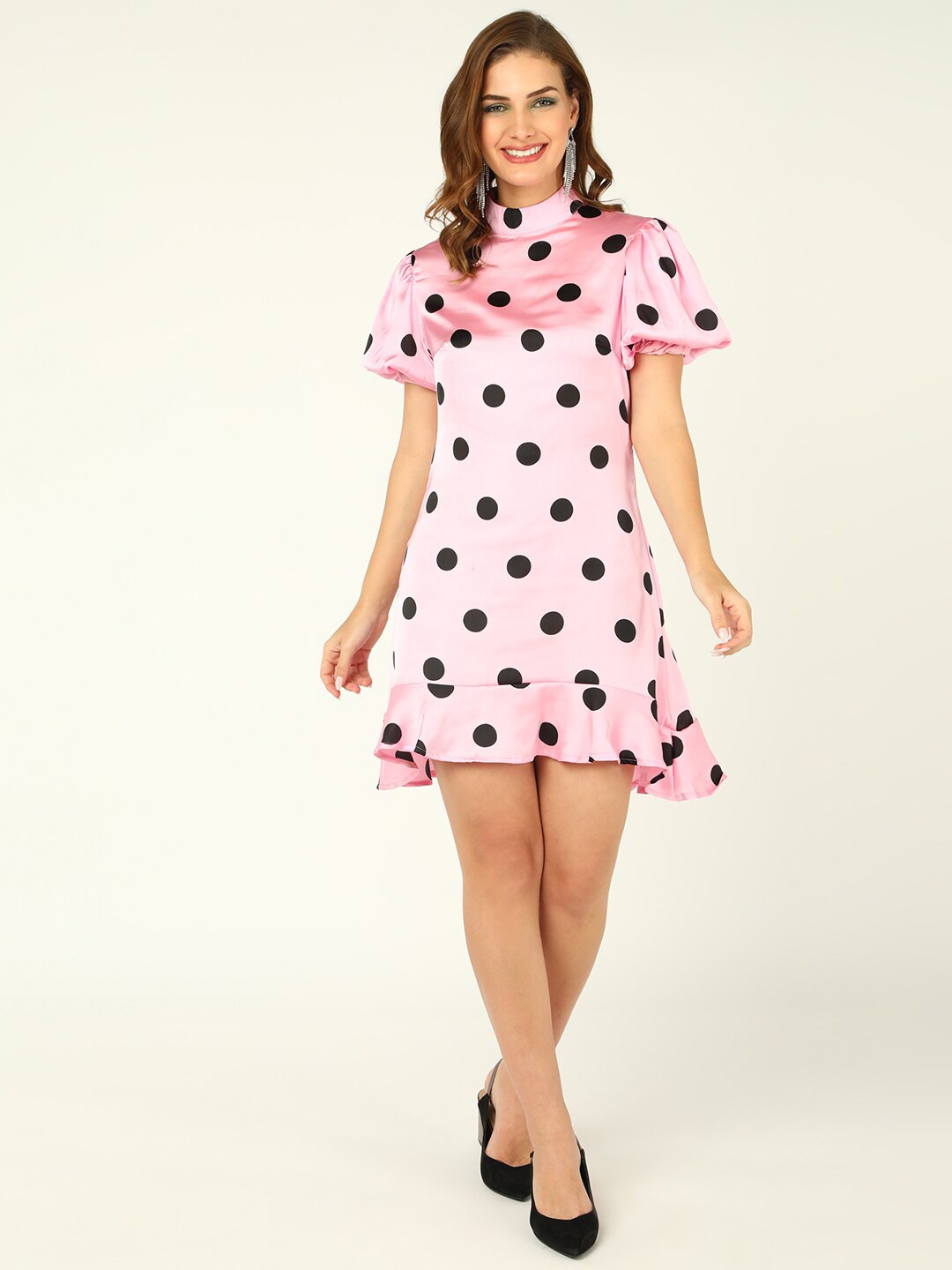 

DODO & MOA Polka Dot Print Mock Neck Puff Sleeves Satin Fit & Flare Dress, Pink