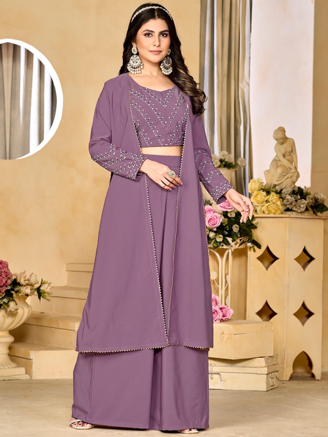 

Siya Fashion Embellished Square Neck Top With Shrug And Palazzos, Magenta