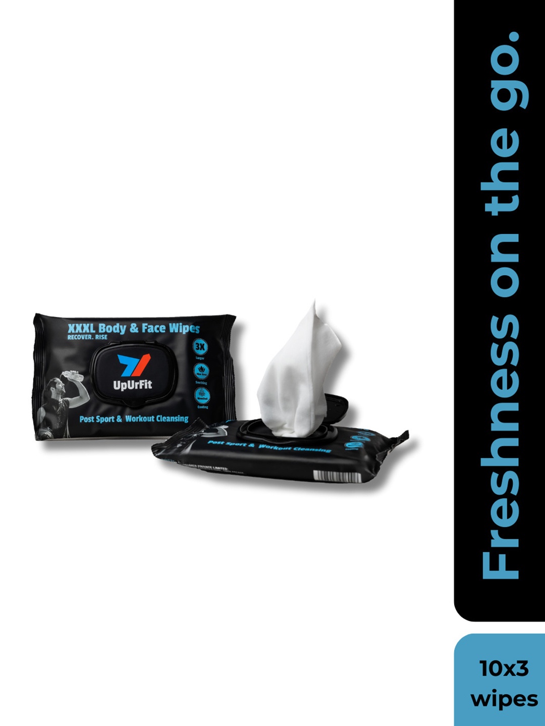 

UpUrFit Set Of 3 Aloe Vera & Menthol XXXL Body & Face Wipes - 10 Pieces Each, Black