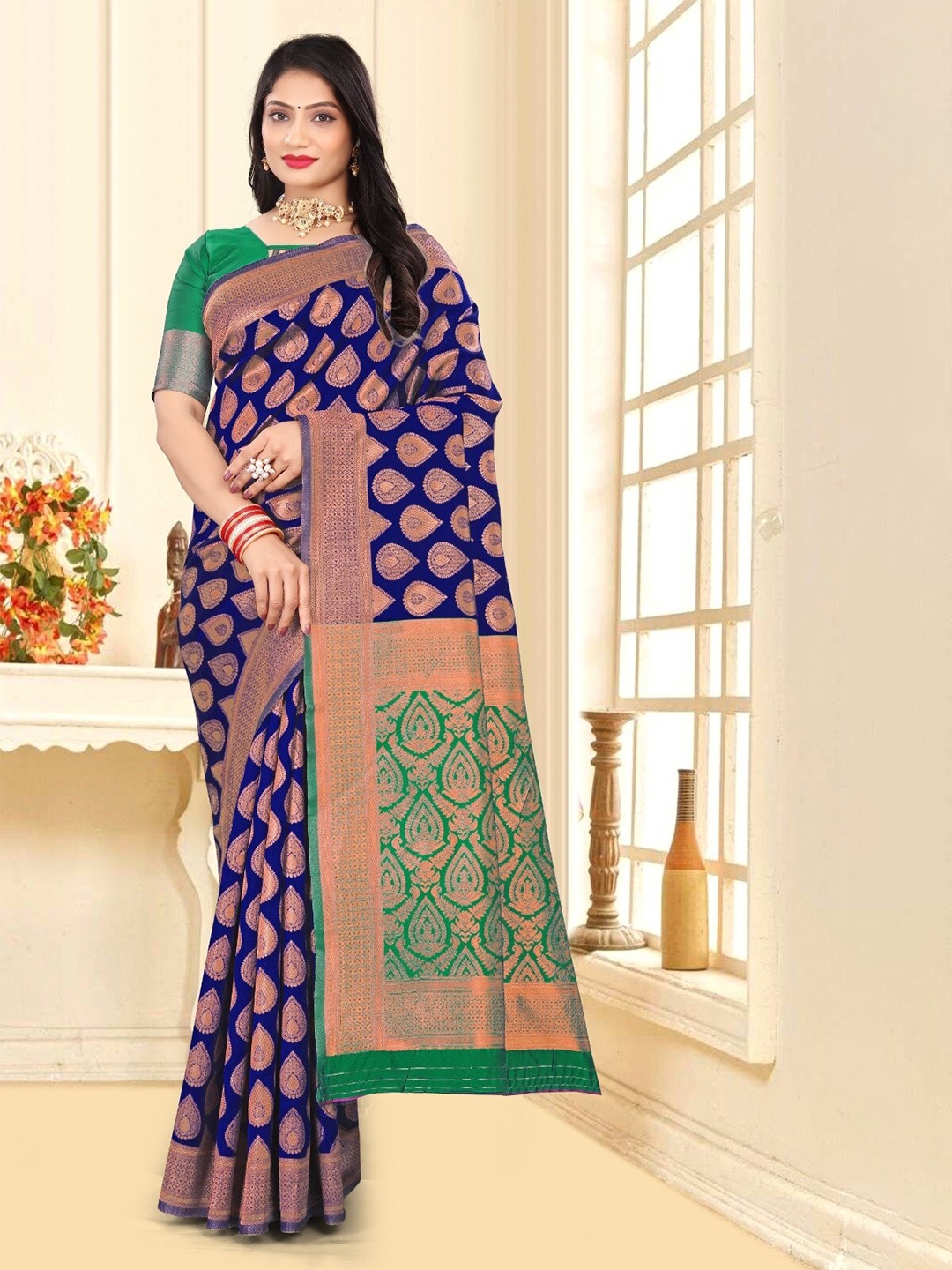 

BAESD Woven Design Zari Polycotton Banarasi Saree, Navy blue