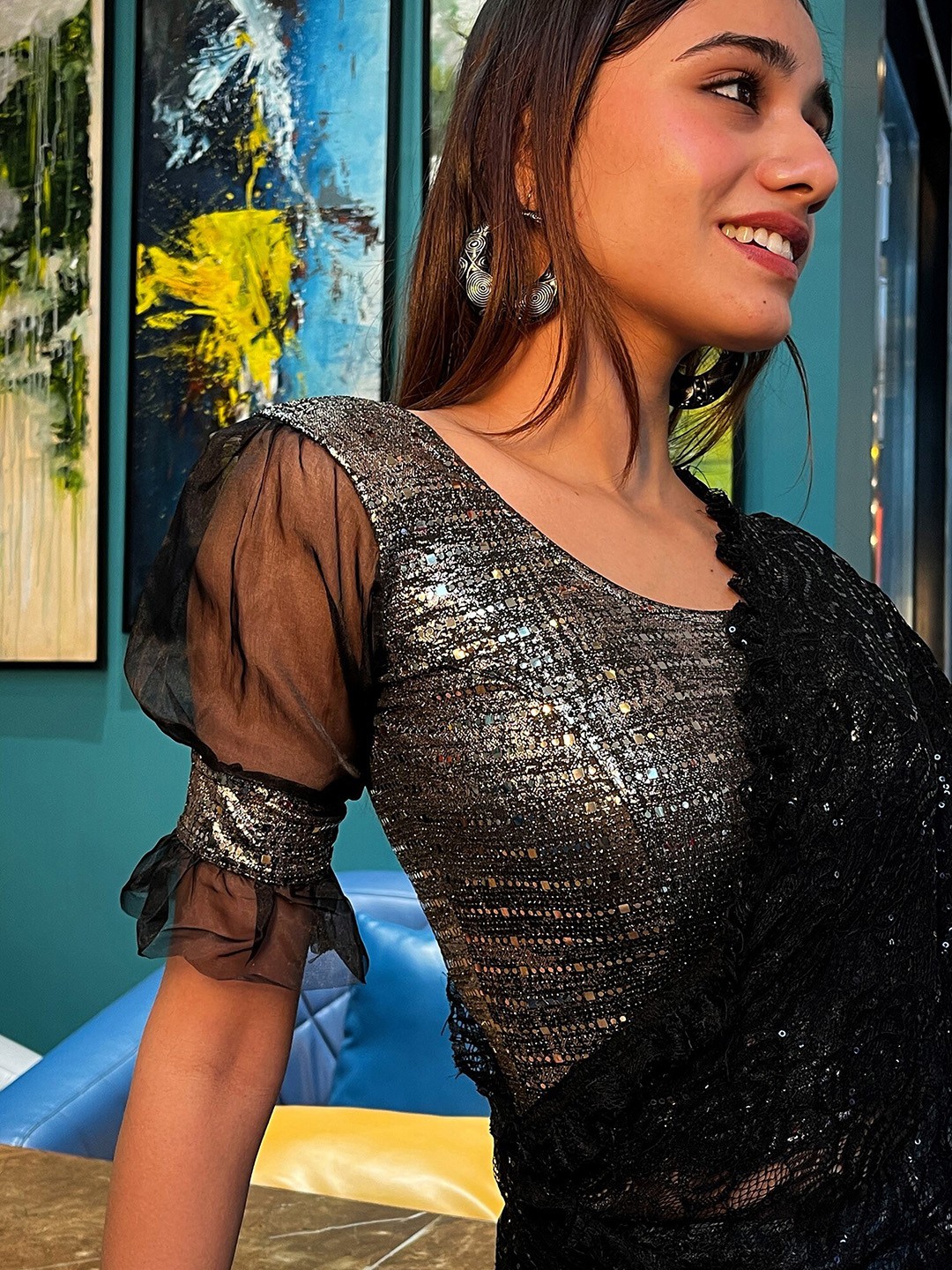 

Bindigasm's Advi Embellished Jacquard Saree Blouse, Grey