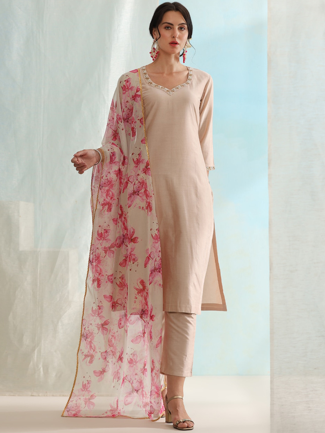 

Khushal K Regular Thread Work Kurta with Palazzos & Dupatta, Beige