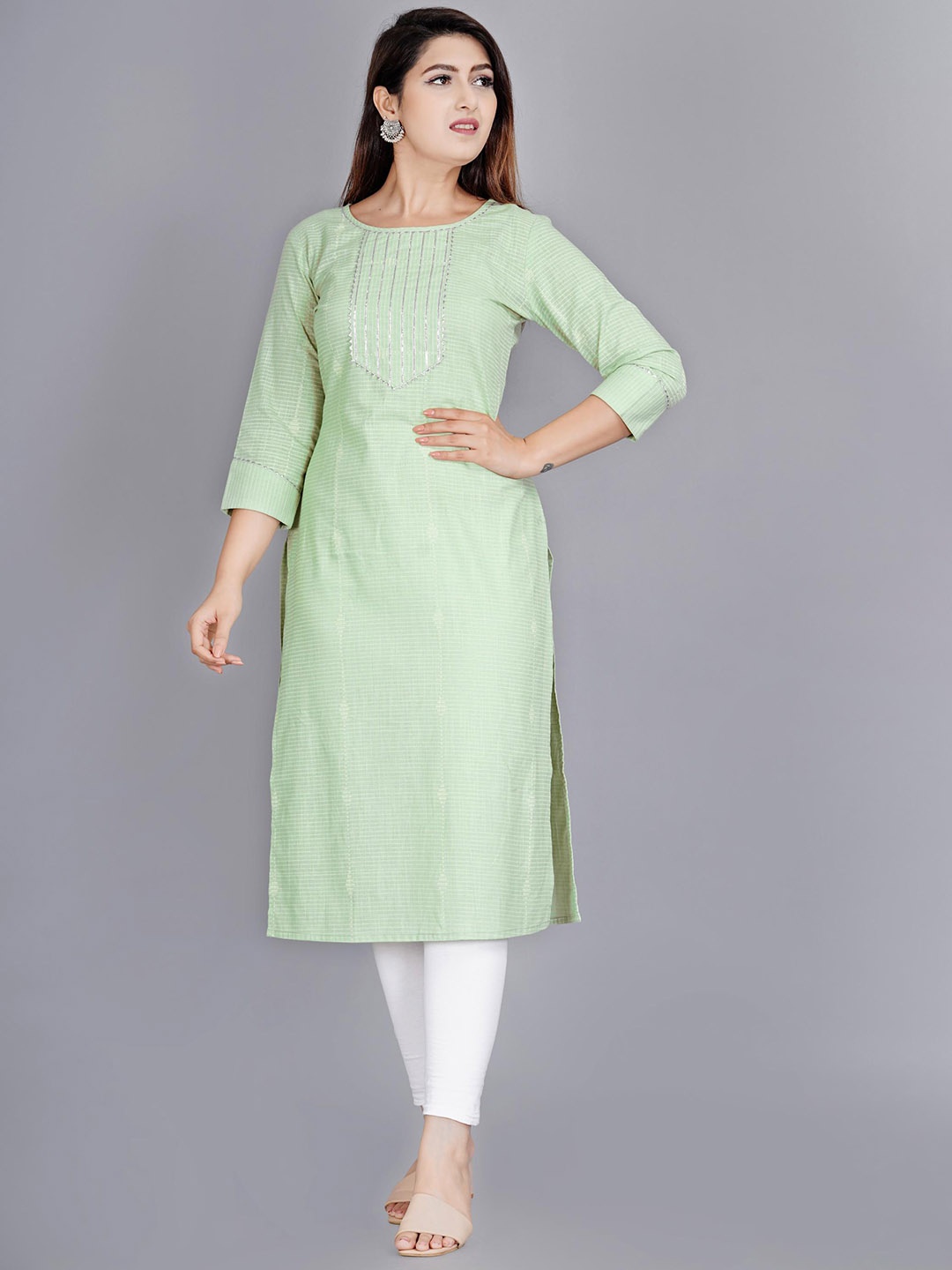 

Mintmarie Striped Round Neck Gotta Patti Straight Kurta, Green