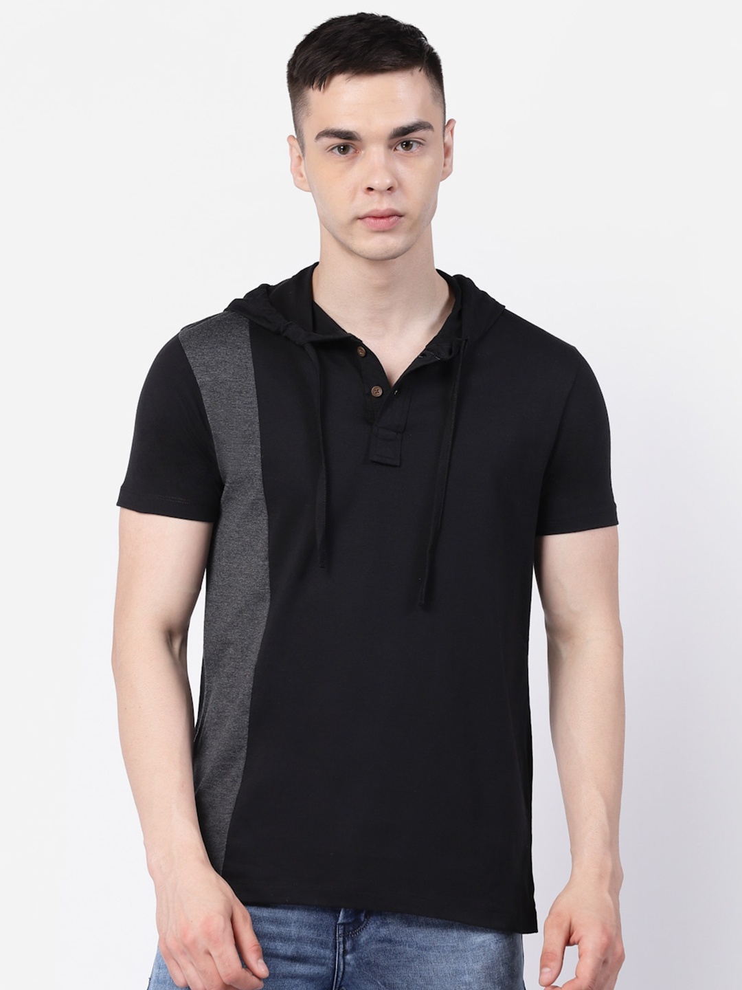 

Kalt Colourblocked Short Sleeves Hood T-shirt, Black