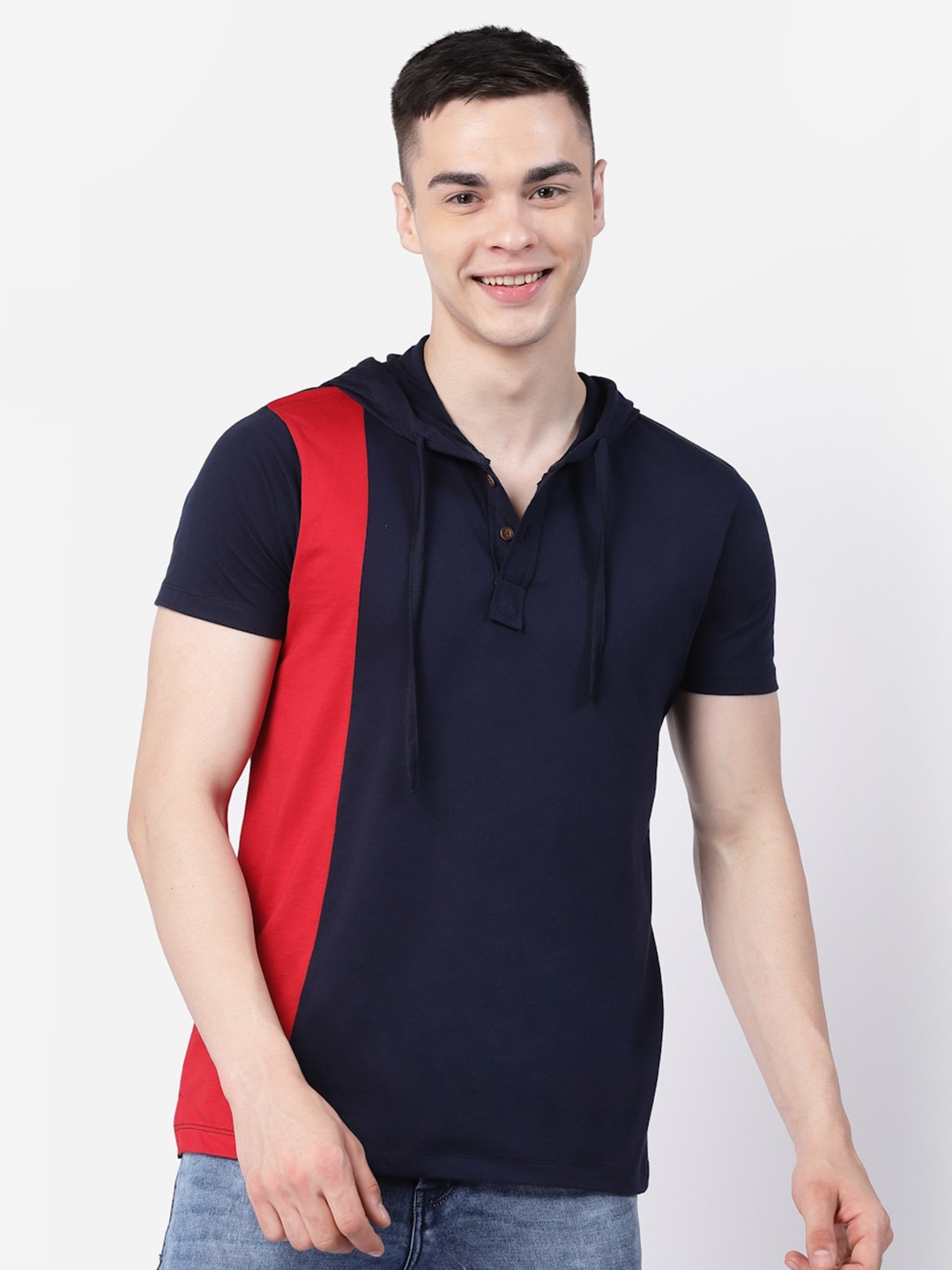 

Kalt Colourblocked Short Sleeves Hood T-shirt, Navy blue