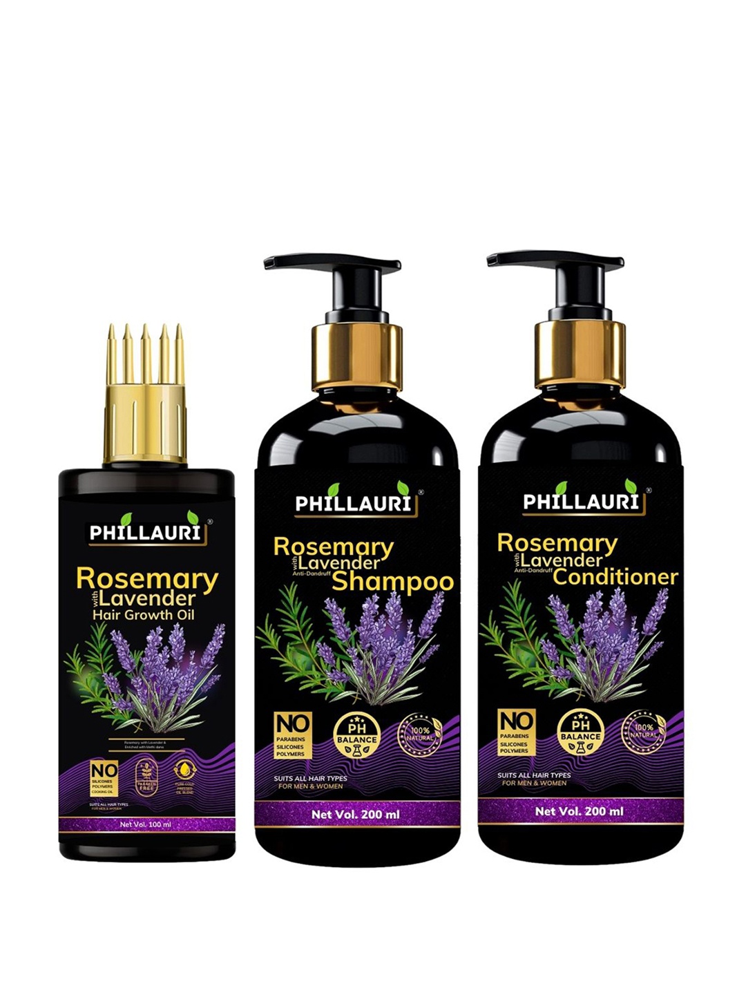 

Phillauri Set of Rosemary Lavender Hair Oil 100ml + Shampoo 200ml + Conditioner 200ml, Black