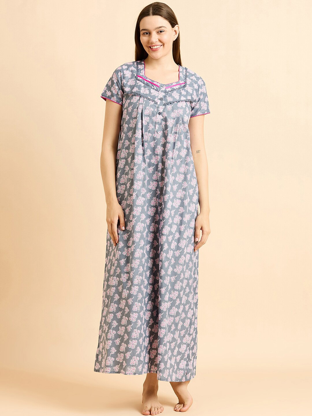 

Sweet Dreams Grey Pure Cotton Printed Maxi Nightdress