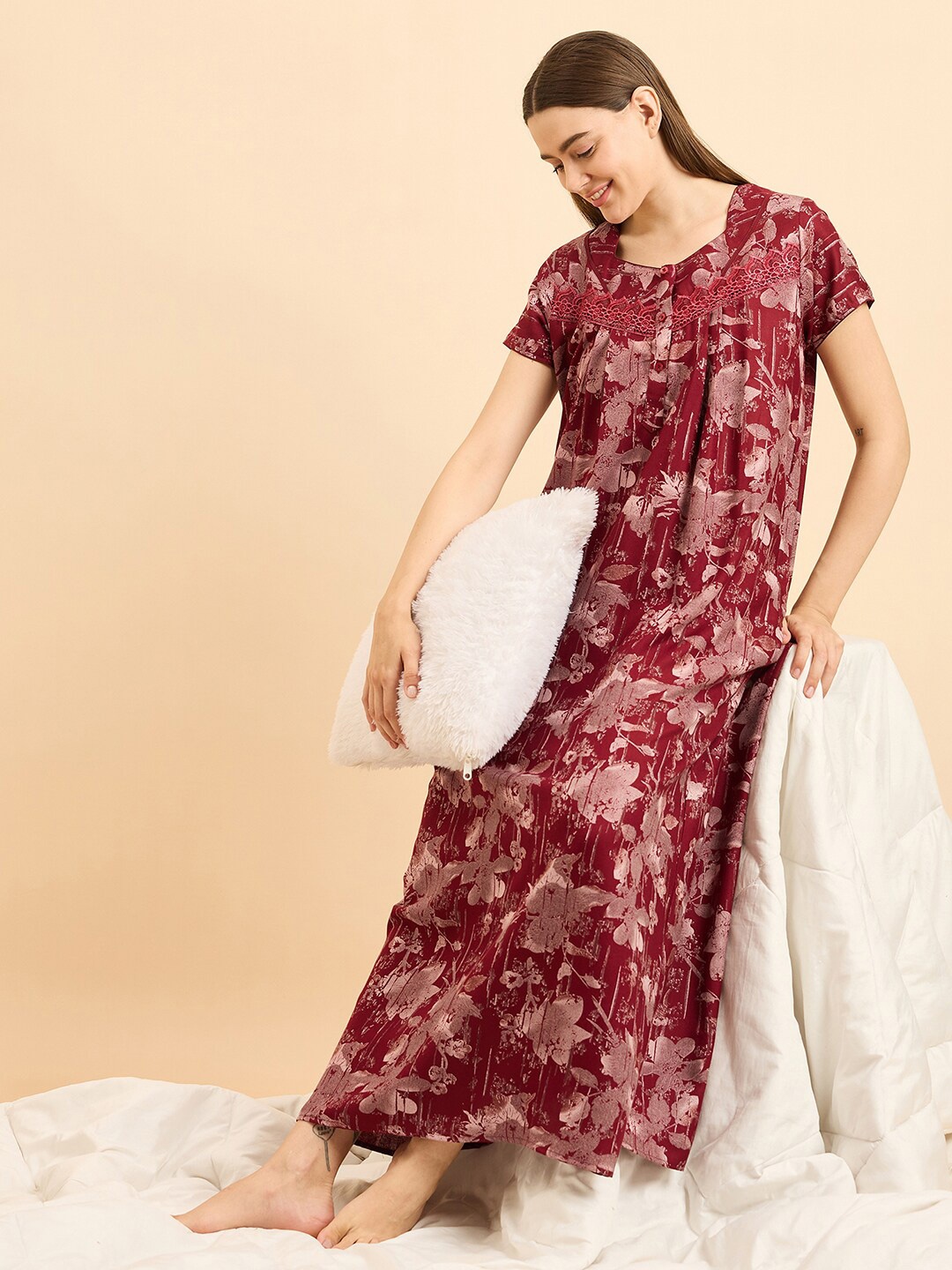 

Sweet Dreams Maroon Pure Cotton Printed Maxi Nightdress