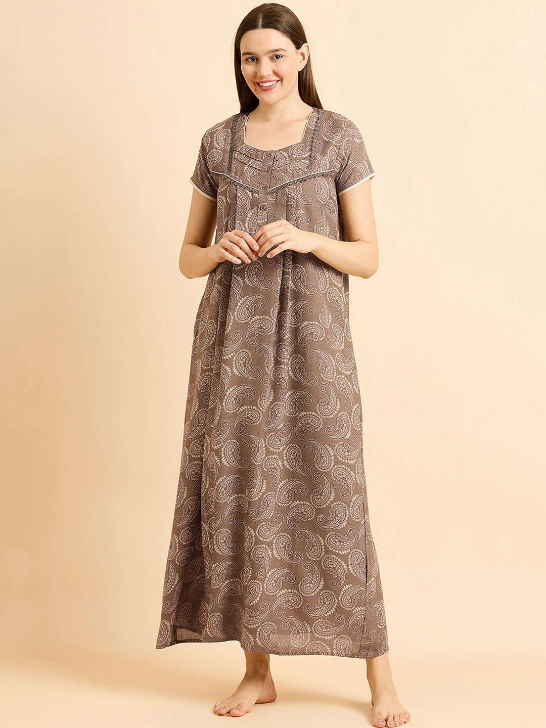 

Sweet Dreams Brown Ethnic Motifs Printed Pure Cotton Maxi Nightdress