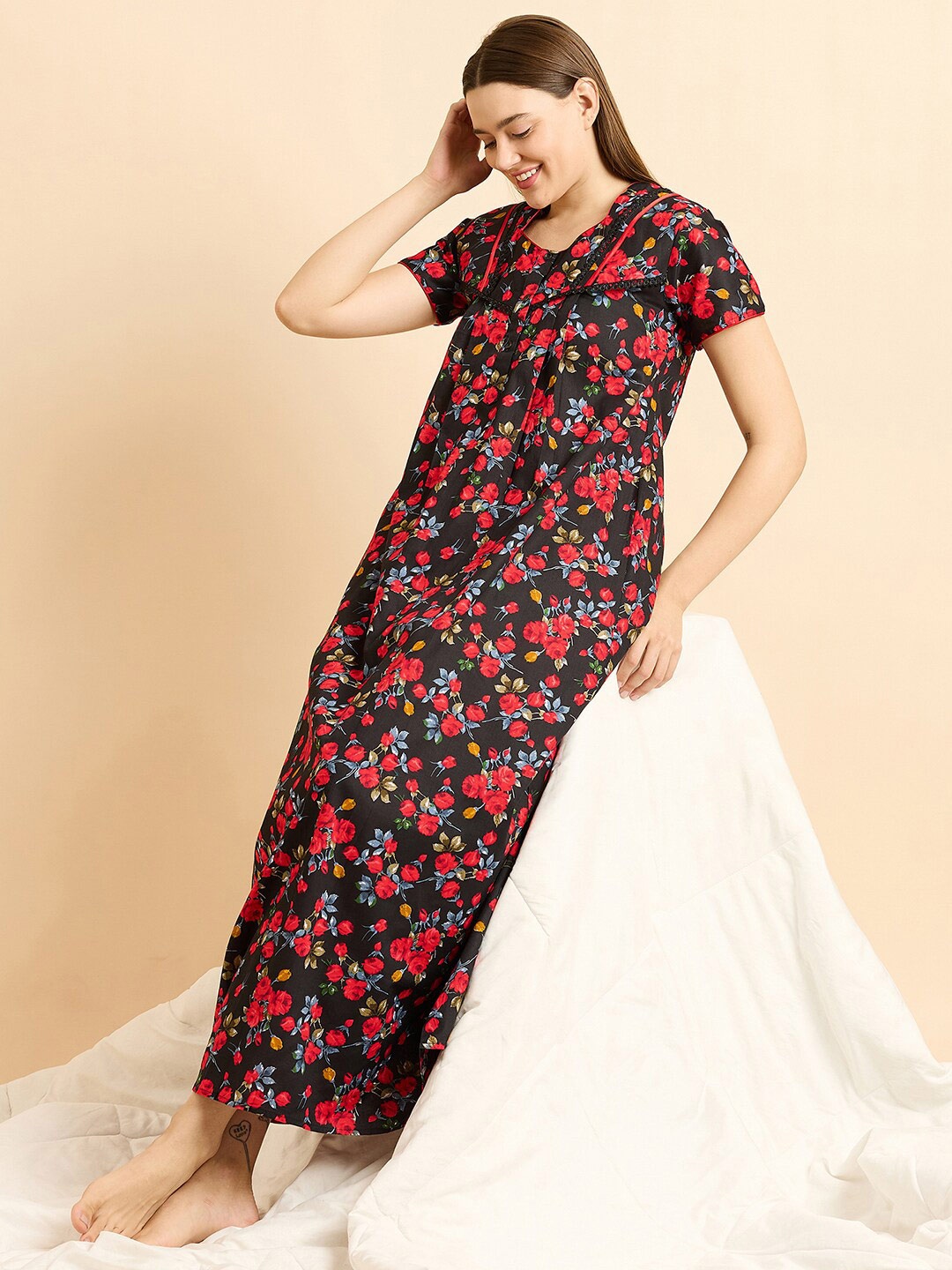 

Sweet Dreams Red Pure Cotton Printed Maxi Nightdress, Black