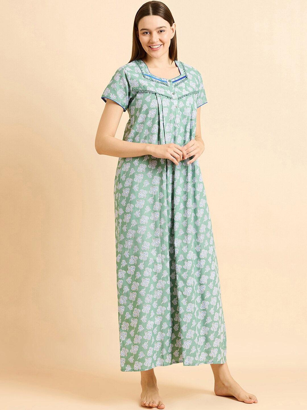 

Sweet Dreams Green Floral Printed Pure Cotton Maxi Nightdress