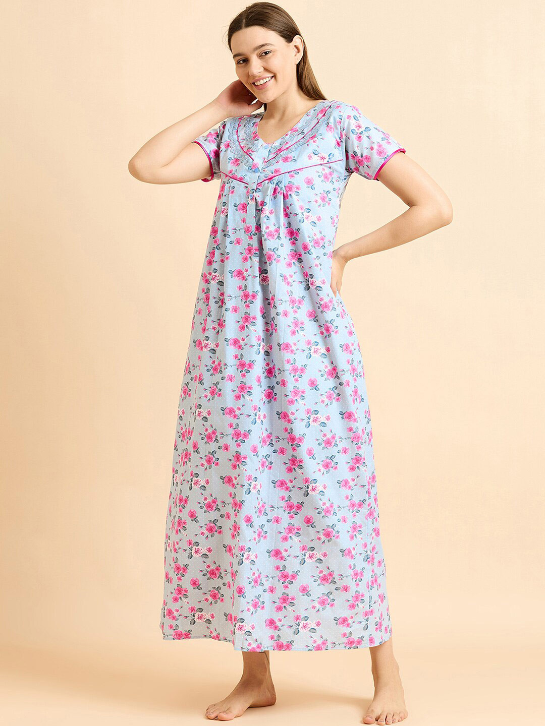 

Sweet Dreams Blue Pure Cotton Printed Maxi Nightdress