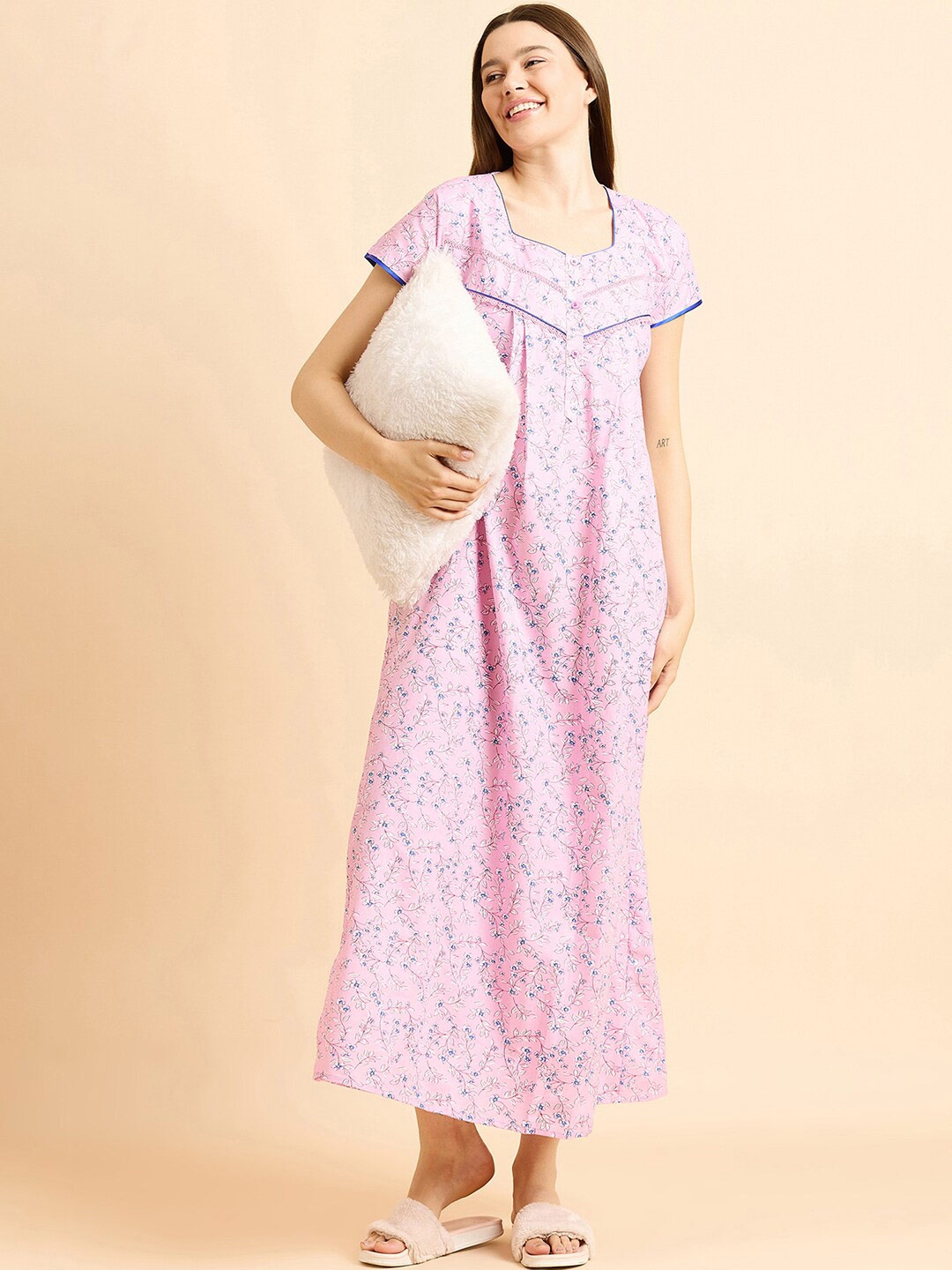 

Sweet Dreams Pink Floral Printed Pure Cotton Maxi Nightdress