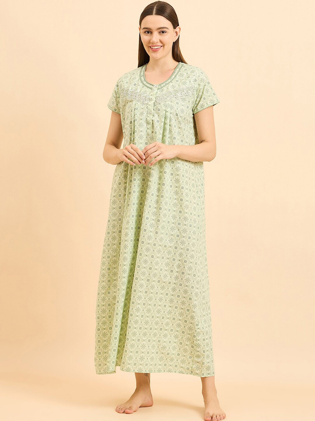 

Sweet Dreams Green Pure Cotton Printed Maxi Nightdress