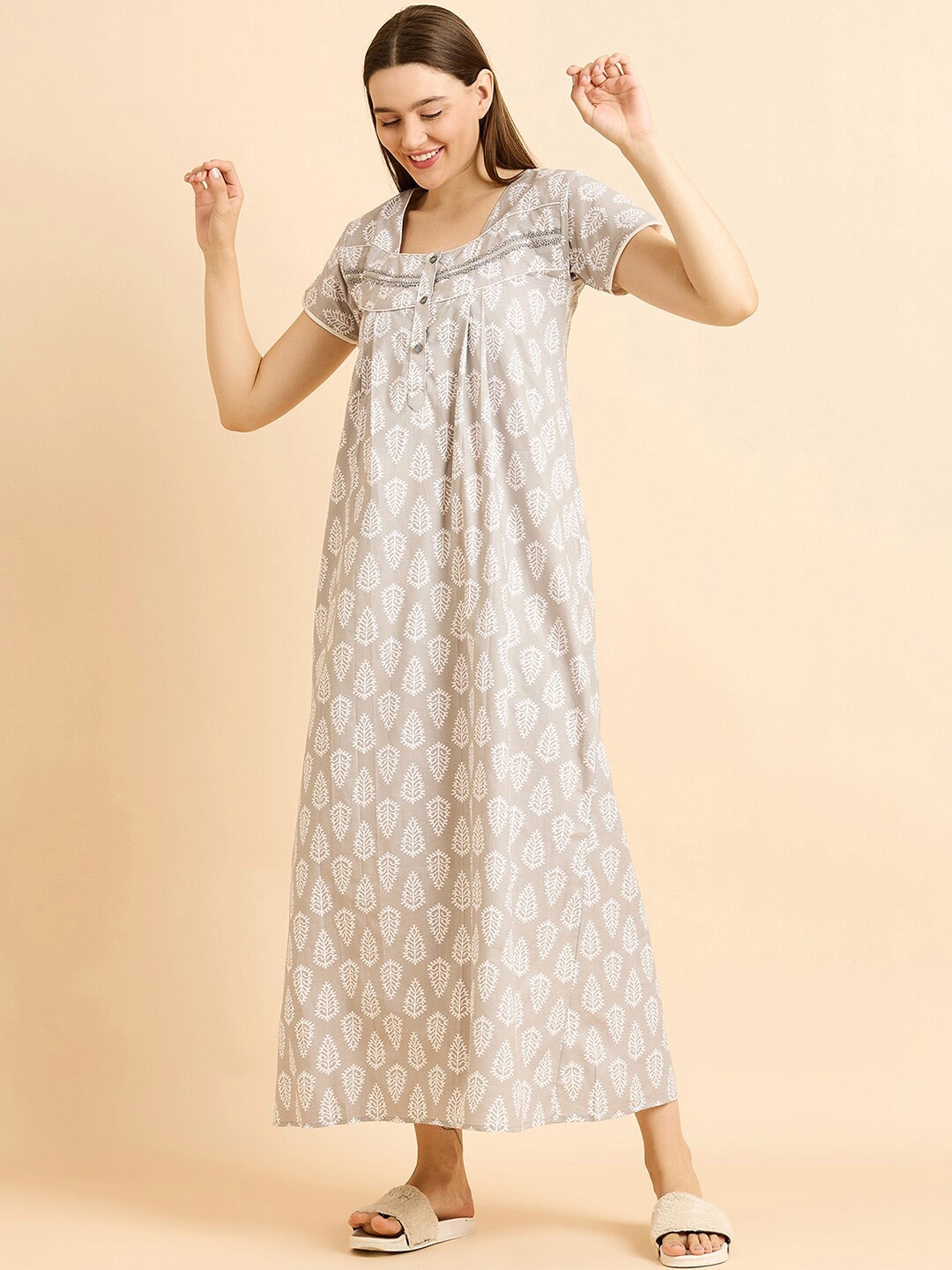 

Sweet Dreams Grey Pure Cotton Printed Maxi Nightdress