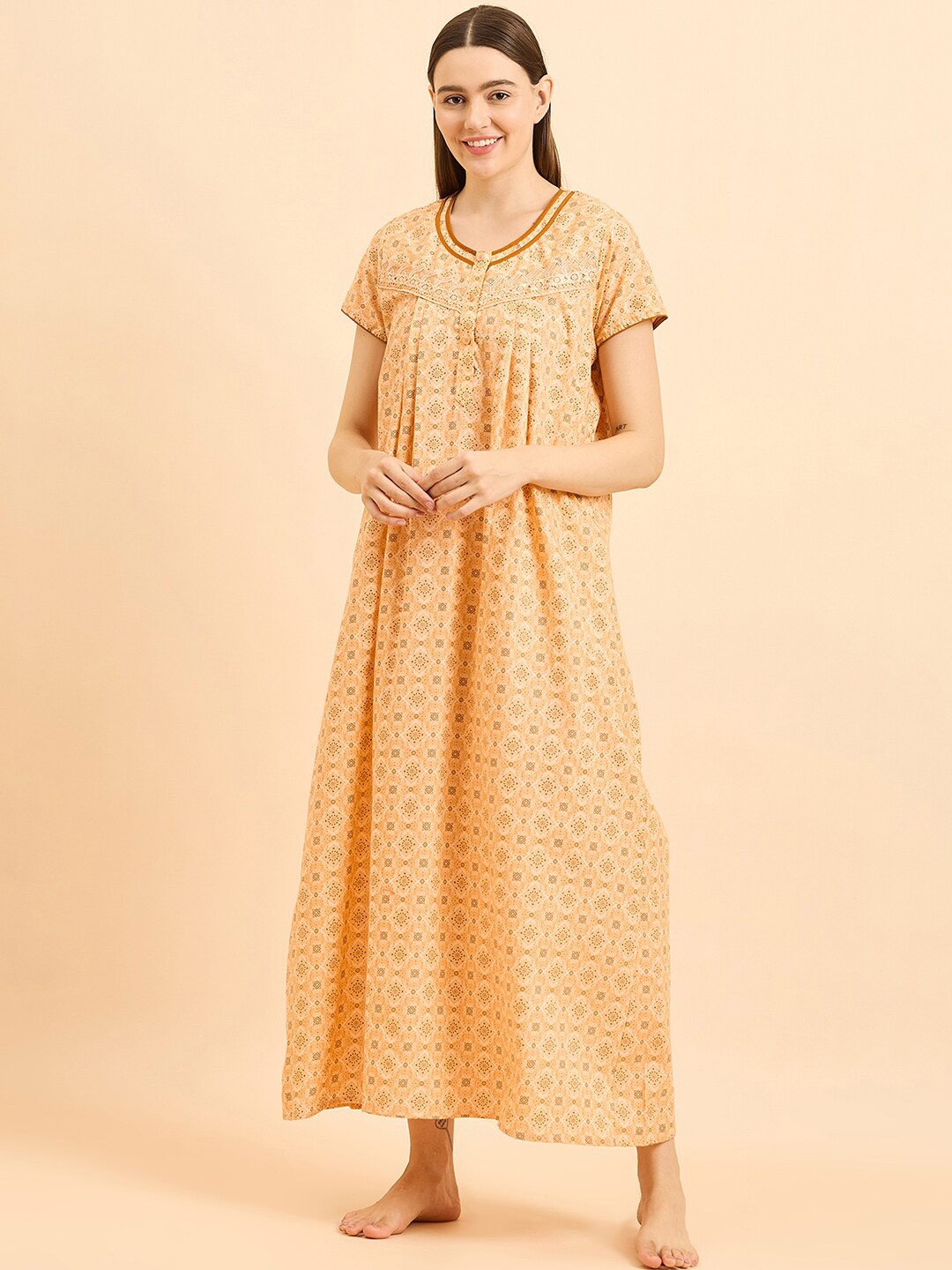 

Sweet Dreams Beige Ethnic Motifs Printed Pure Cotton Maxi Nightdress