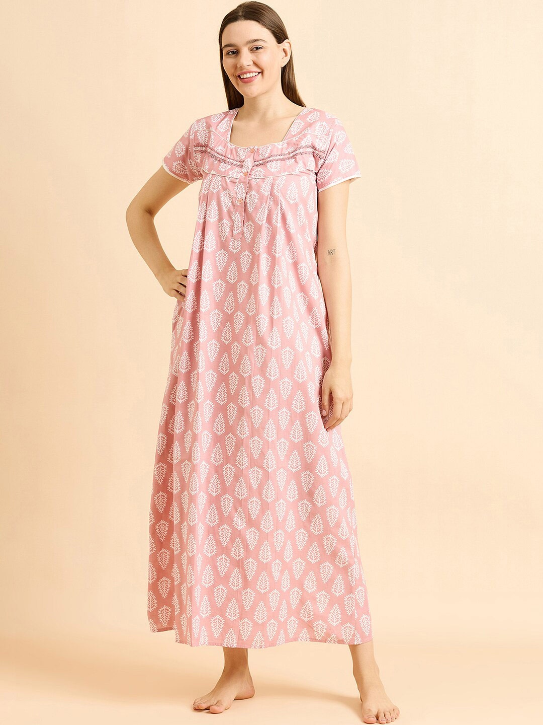 

Sweet Dreams Peach-Coloured Floral Printed Pure Cotton Maxi Nightdress