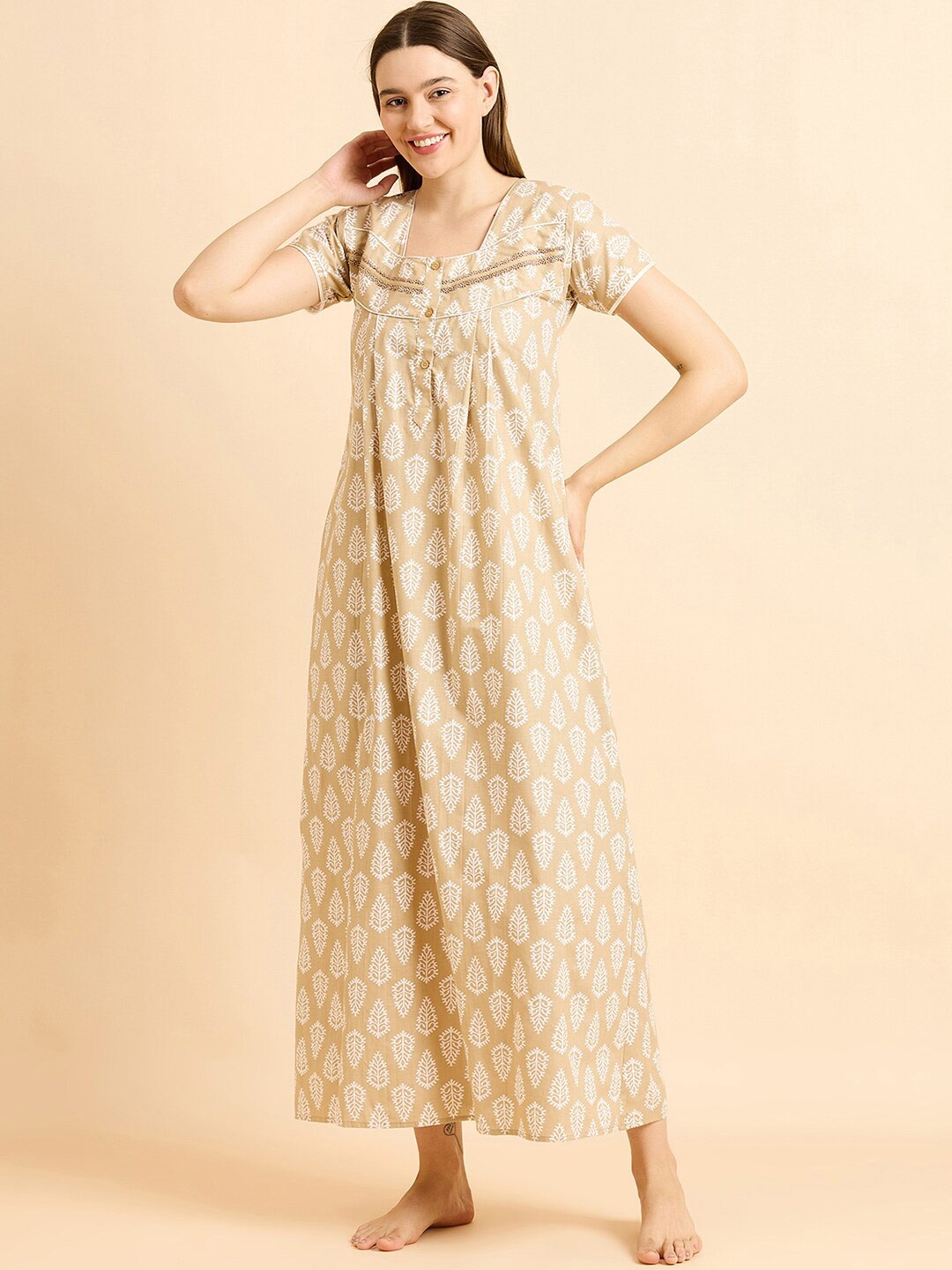 

Sweet Dreams Khaki Ethnic Motifs Printed Pure Cotton Maxi Nightdress