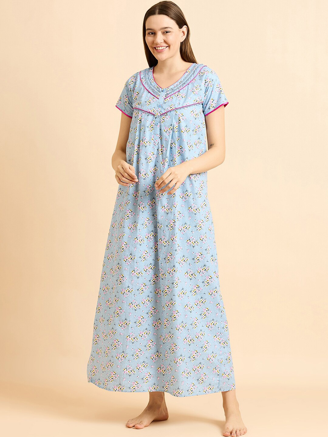 

Sweet Dreams Floral Printed Pure Cotton Maxi Nightdress, Blue