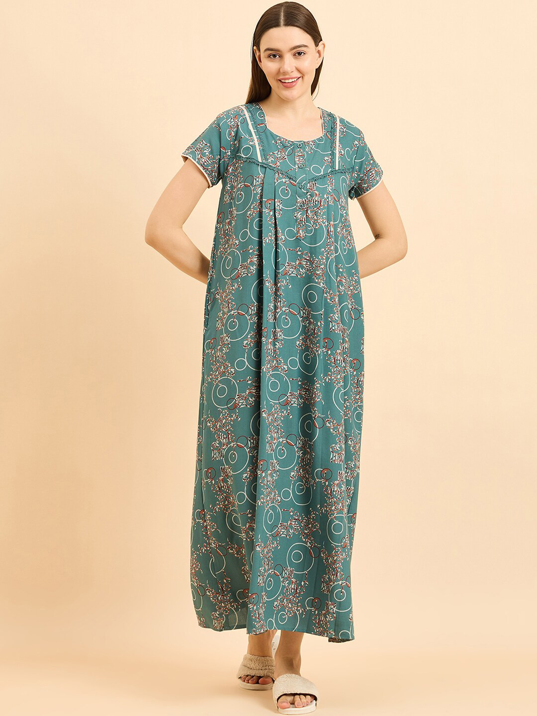 

Sweet Dreams Green Pure Cotton Printed Maxi Nightdress