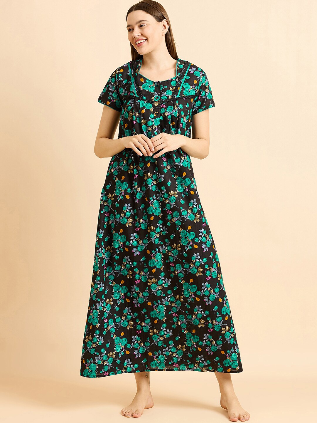 

Sweet Dreams Green Floral Printed Pure Cotton Maxi Nightdress