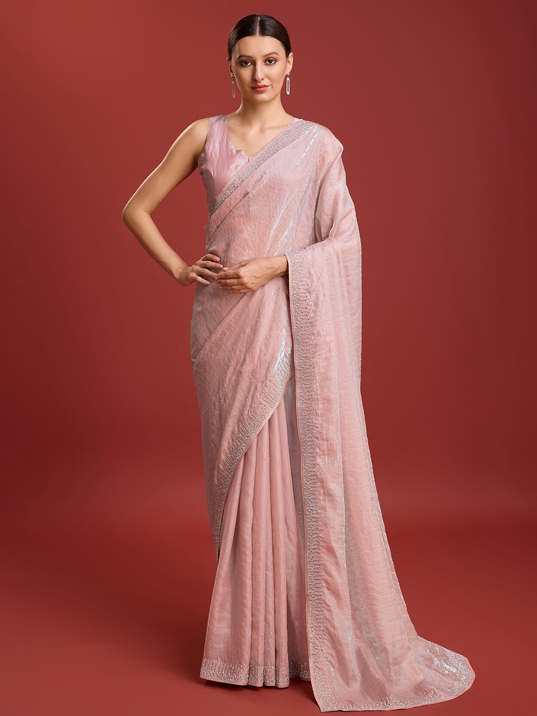 

MONJOLIKA FASHION Embellished Beads and Stones Organza Saree, Pink