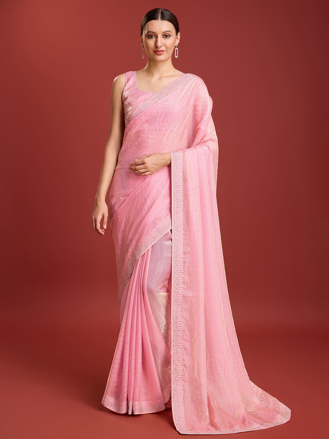 

MONJOLIKA FASHION Embellished Beads and Stones Organza Saree, Peach