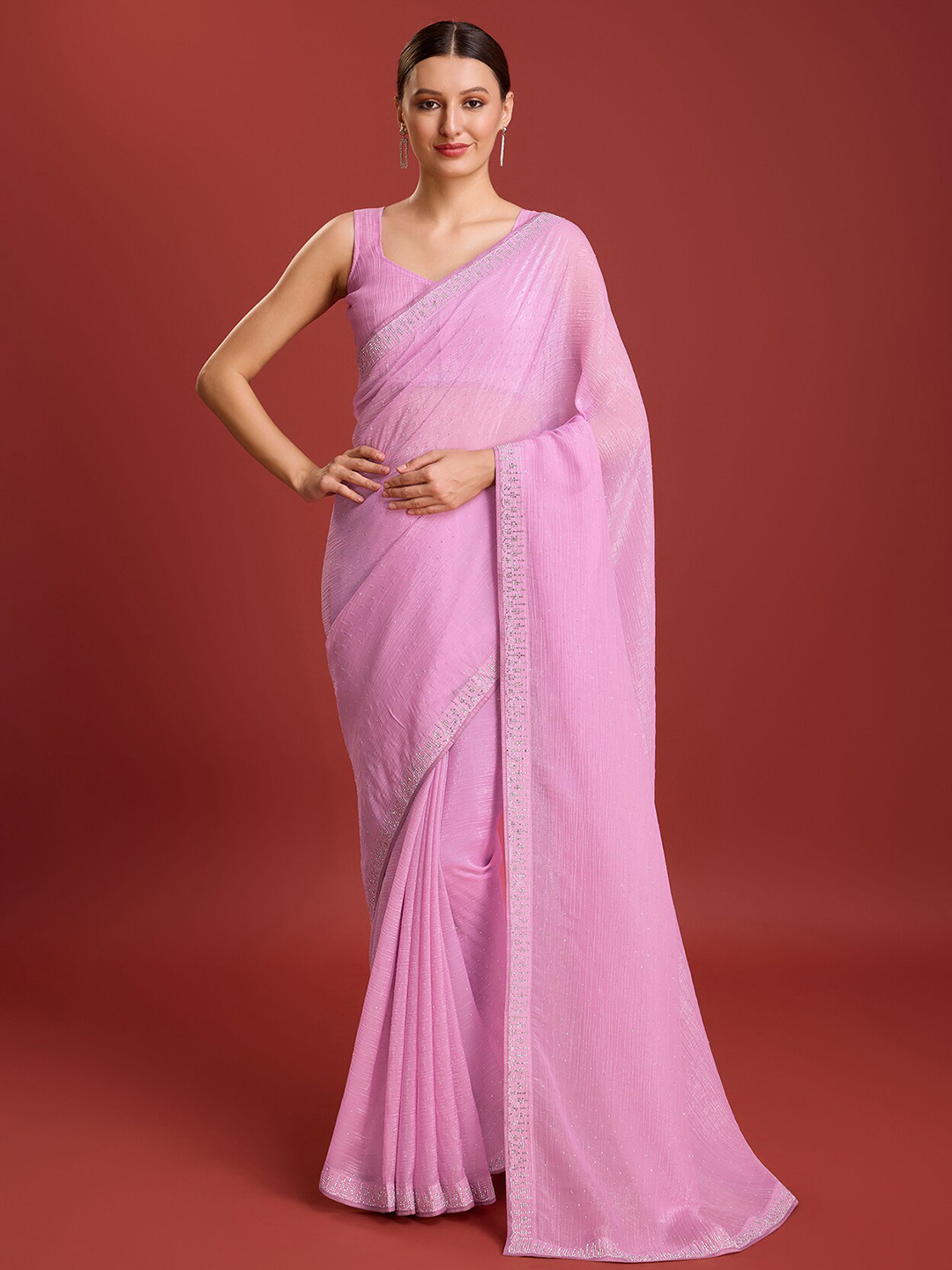 

MONJOLIKA FASHION Embellished Beads and Stones Pure Georgette Saree, Pink