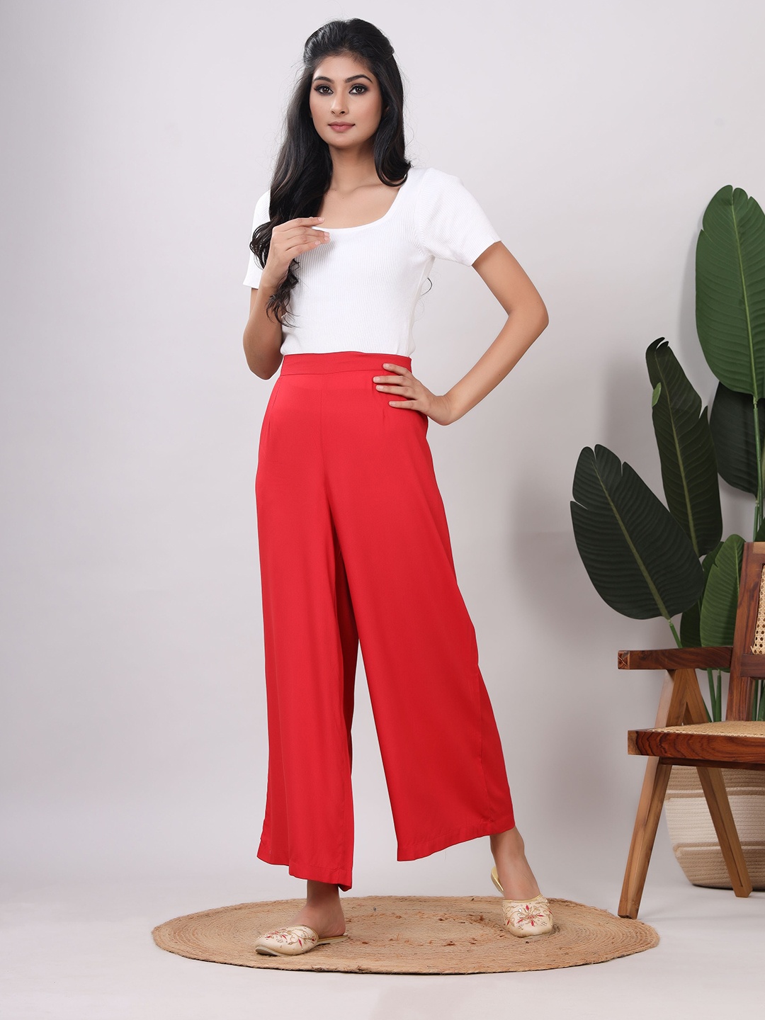 

VASVI Women Wide Leg Palazzos, Red