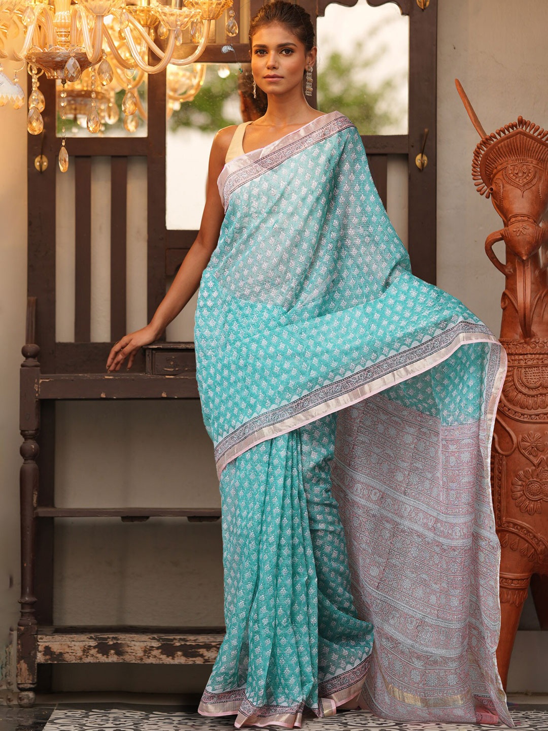 

Unnati Silks Ethnic Motifs Zari Silk Cotton Handloom Kota Saree, Green