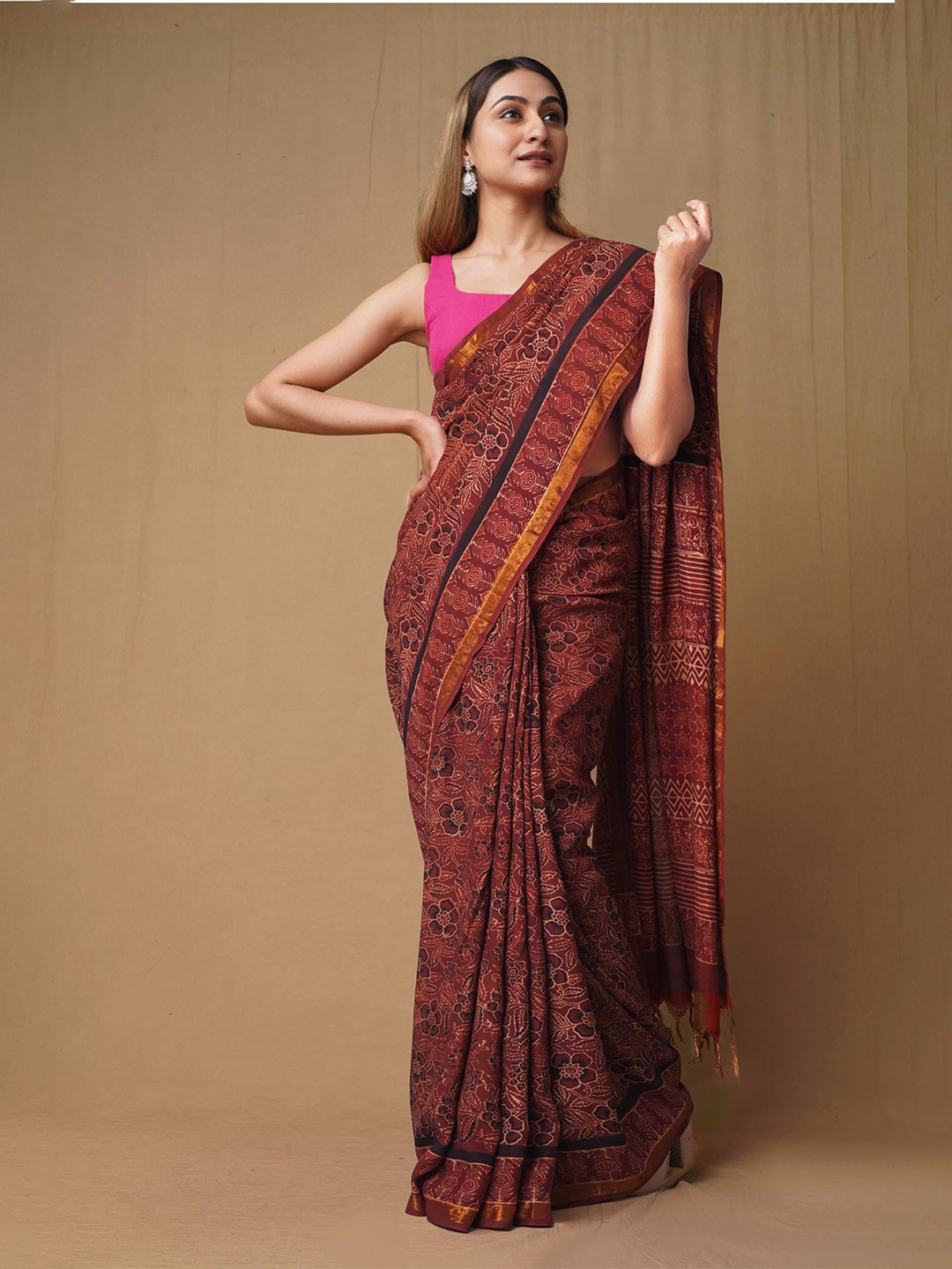 

Unnati Silks Floral Zari Pure Silk Chanderi Saree, Brown