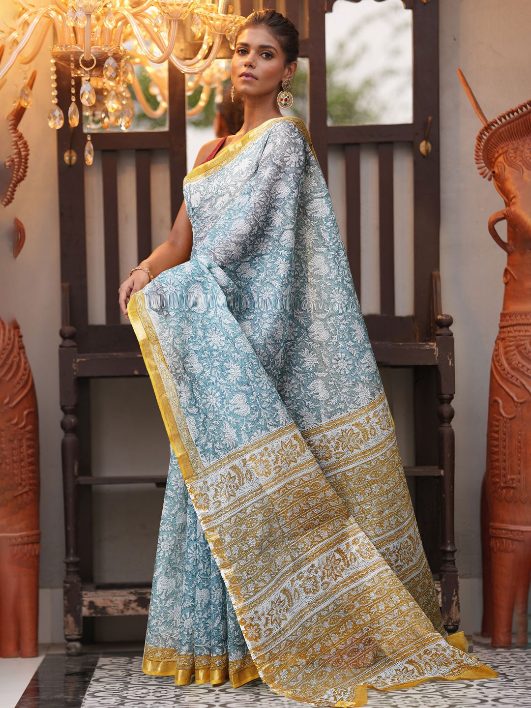 

Unnati Silks Ethnic Motifs Zari Silk Cotton Handloom Kota Saree, Grey