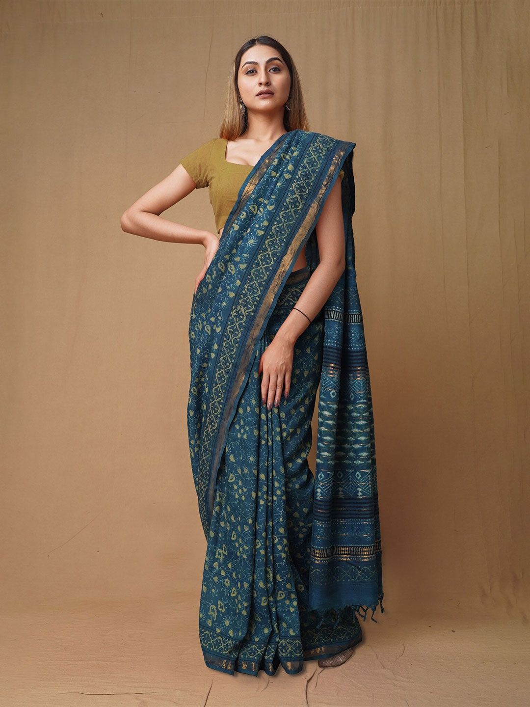 

Unnati Silks Ajrak Block Zari Pure Silk Chanderi Saree, Blue