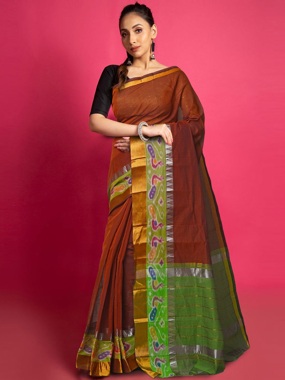

Unnati Silks Zari Silk Cotton Kanjeevaram Saree, Rust