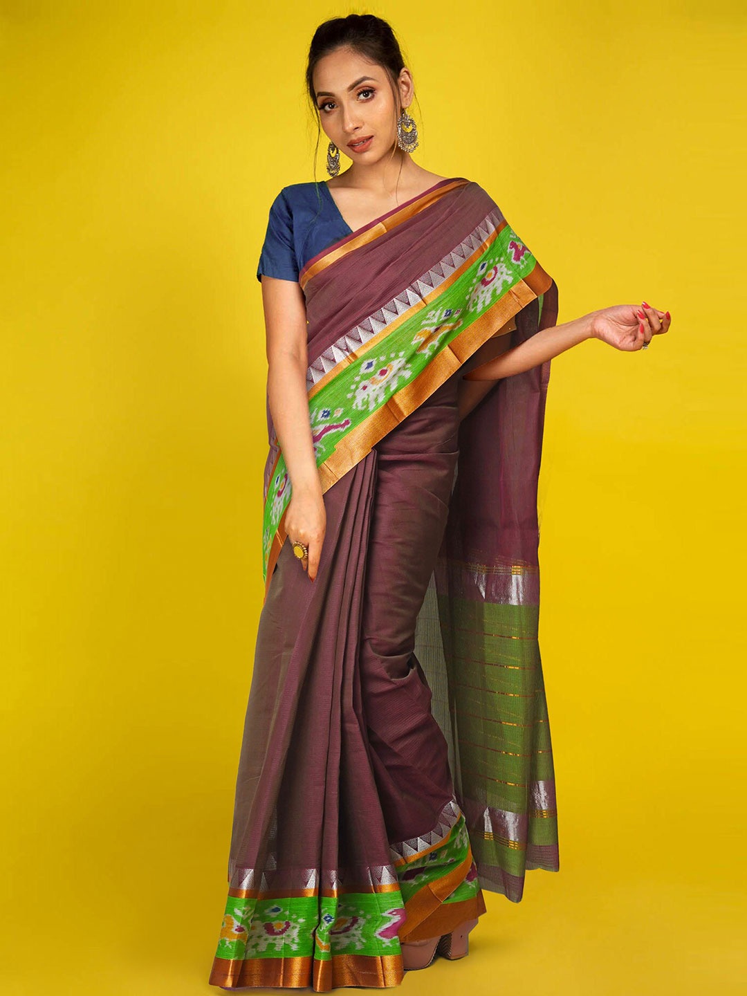 

Unnati Silks Zari Silk Cotton Handloom Saree, Brown