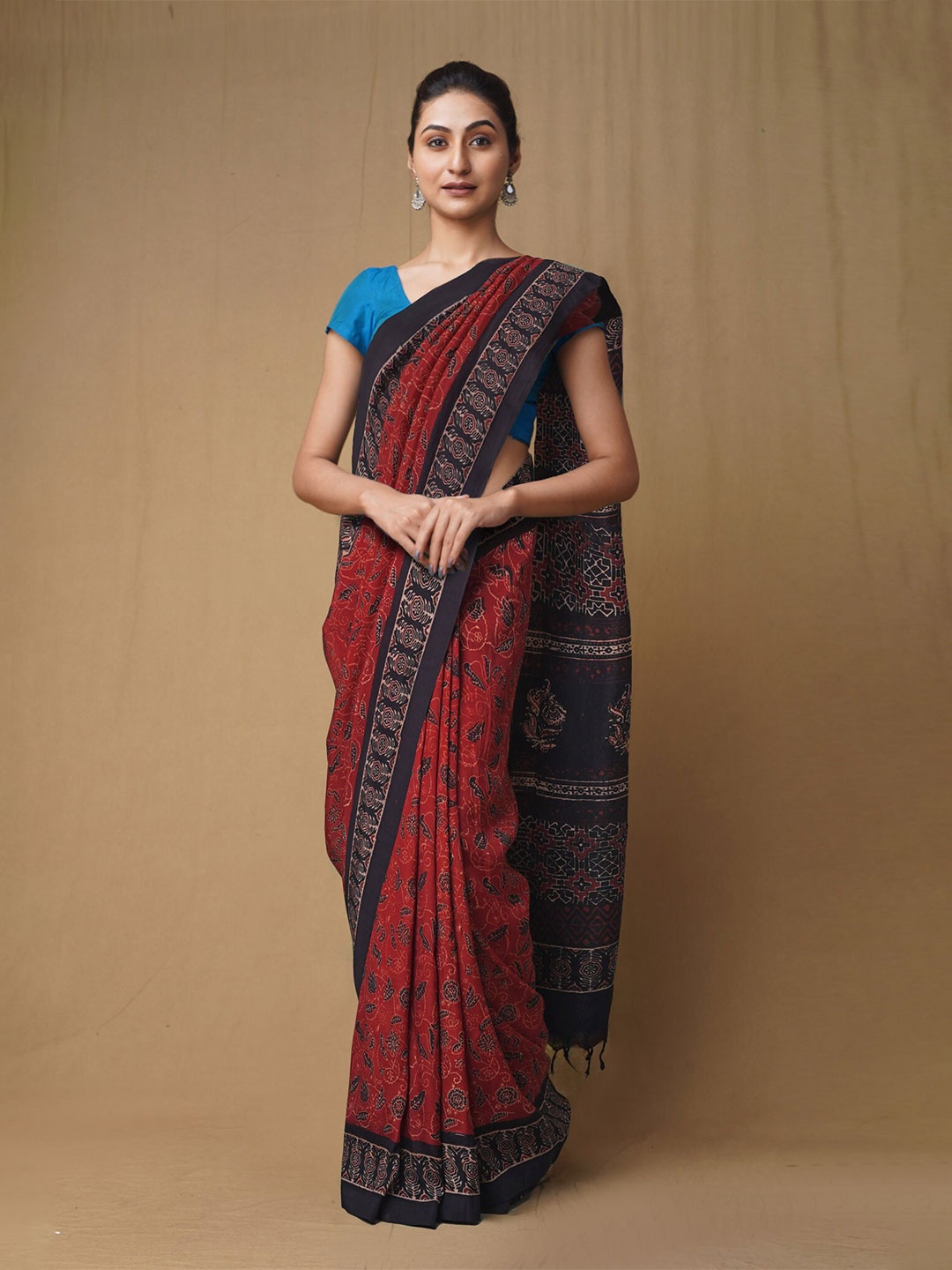 

Unnati Silks Ajrak Block Pure Silk Chanderi Saree, Red