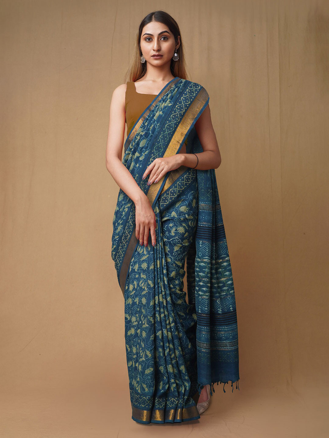 

Unnati Silks Ajrak Block Zari Pure Silk Chanderi Saree, Blue