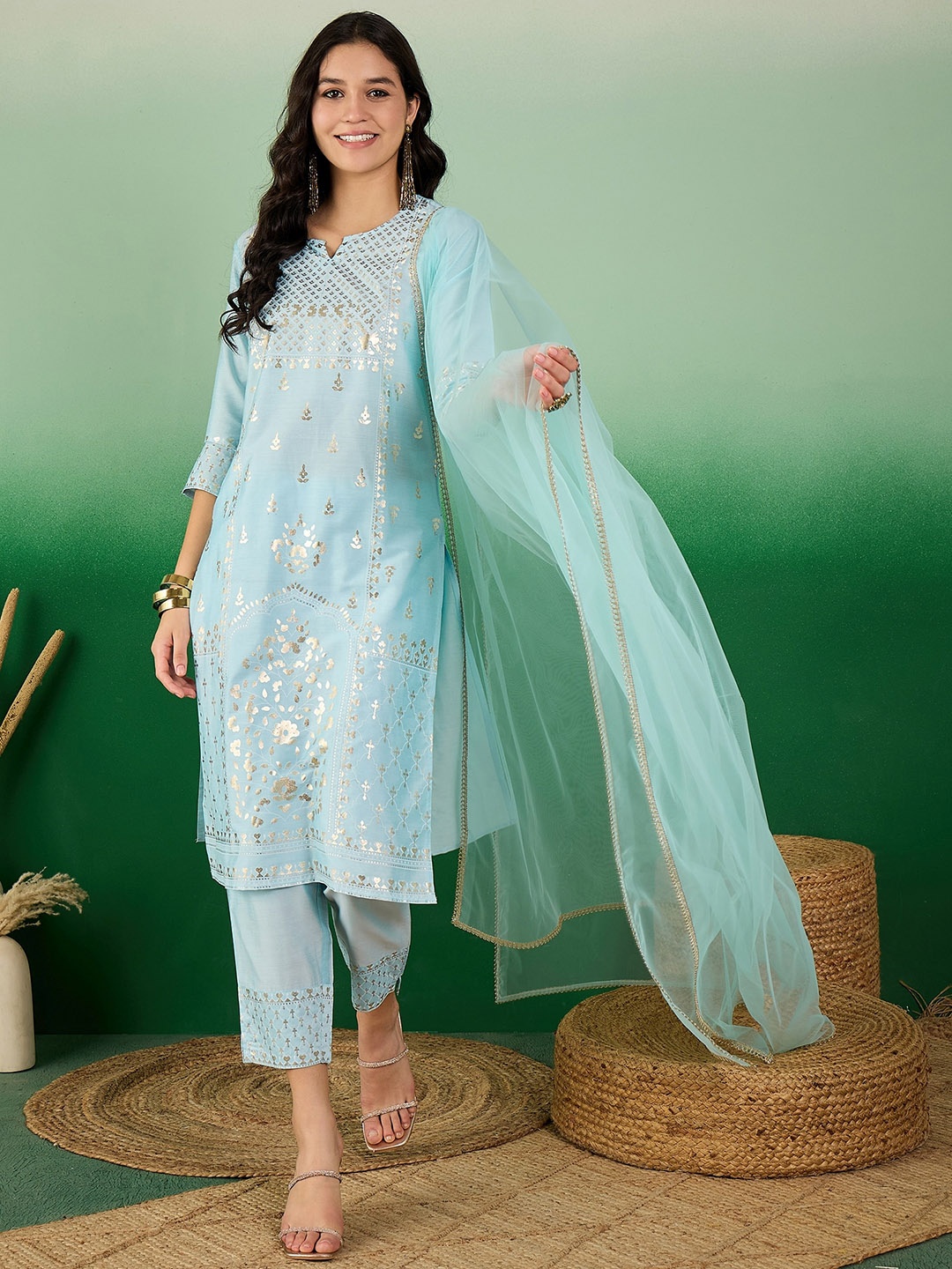 

Sangria Ethnic Motifs Foil Printed Round Neck Kurta With Trousers & Dupatta, Blue