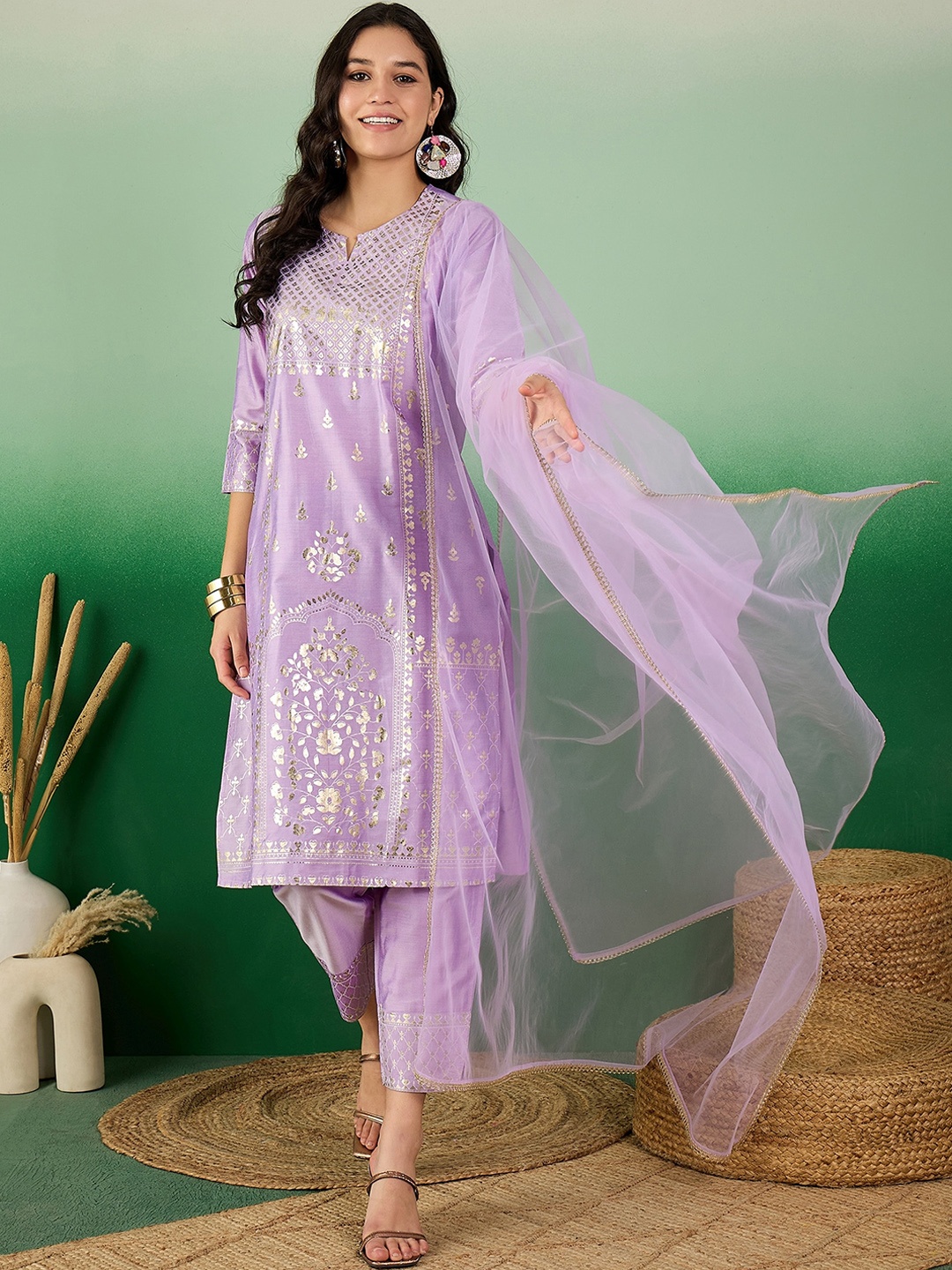 

Sangria Foil Printed Round Neck Straight Kurta With Trousers & Dupatta, Lavender