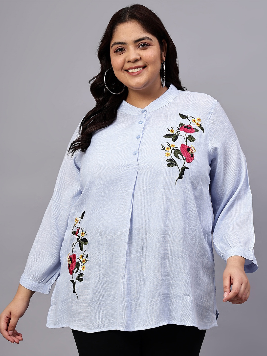 Indietoga Plus Size Embroidered Mandarin Collar Cotton Tunic, Blue