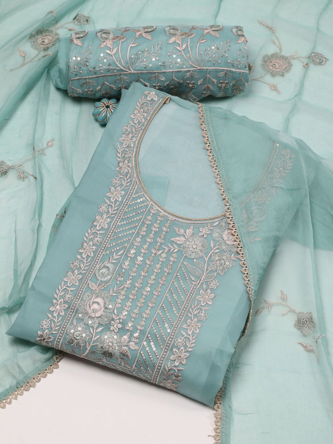 

Meena Bazaar Floral Embroidered Gotta Patti Organza Unstitched Dress Material, Blue