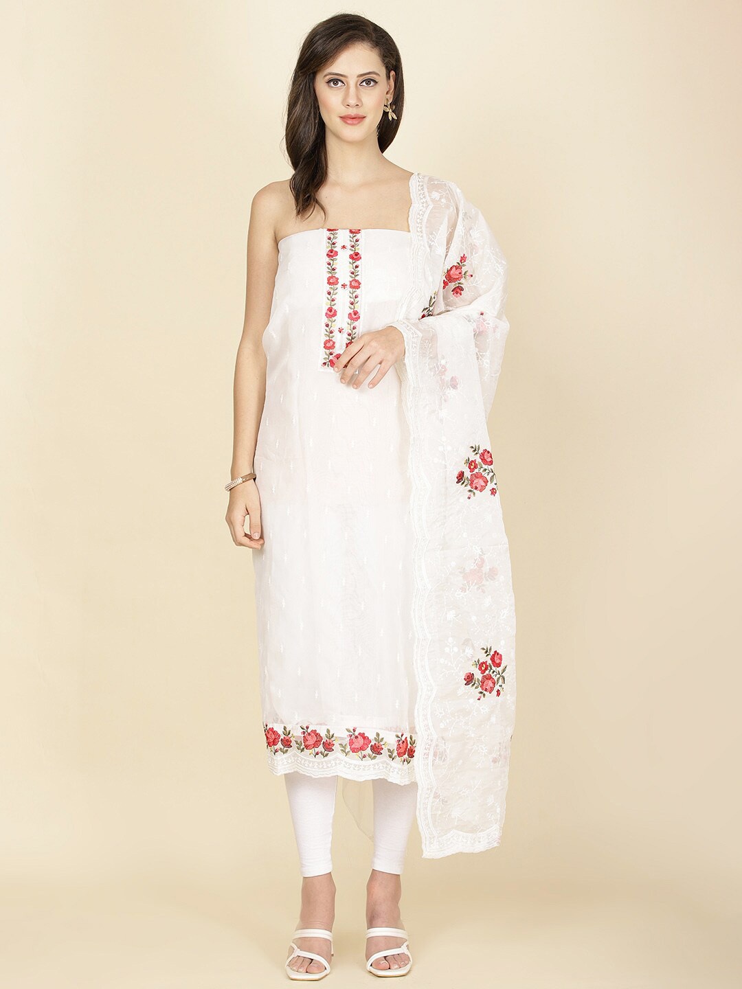 

Meena Bazaar Embroidered Organza Unstitched Dress Material, Cream