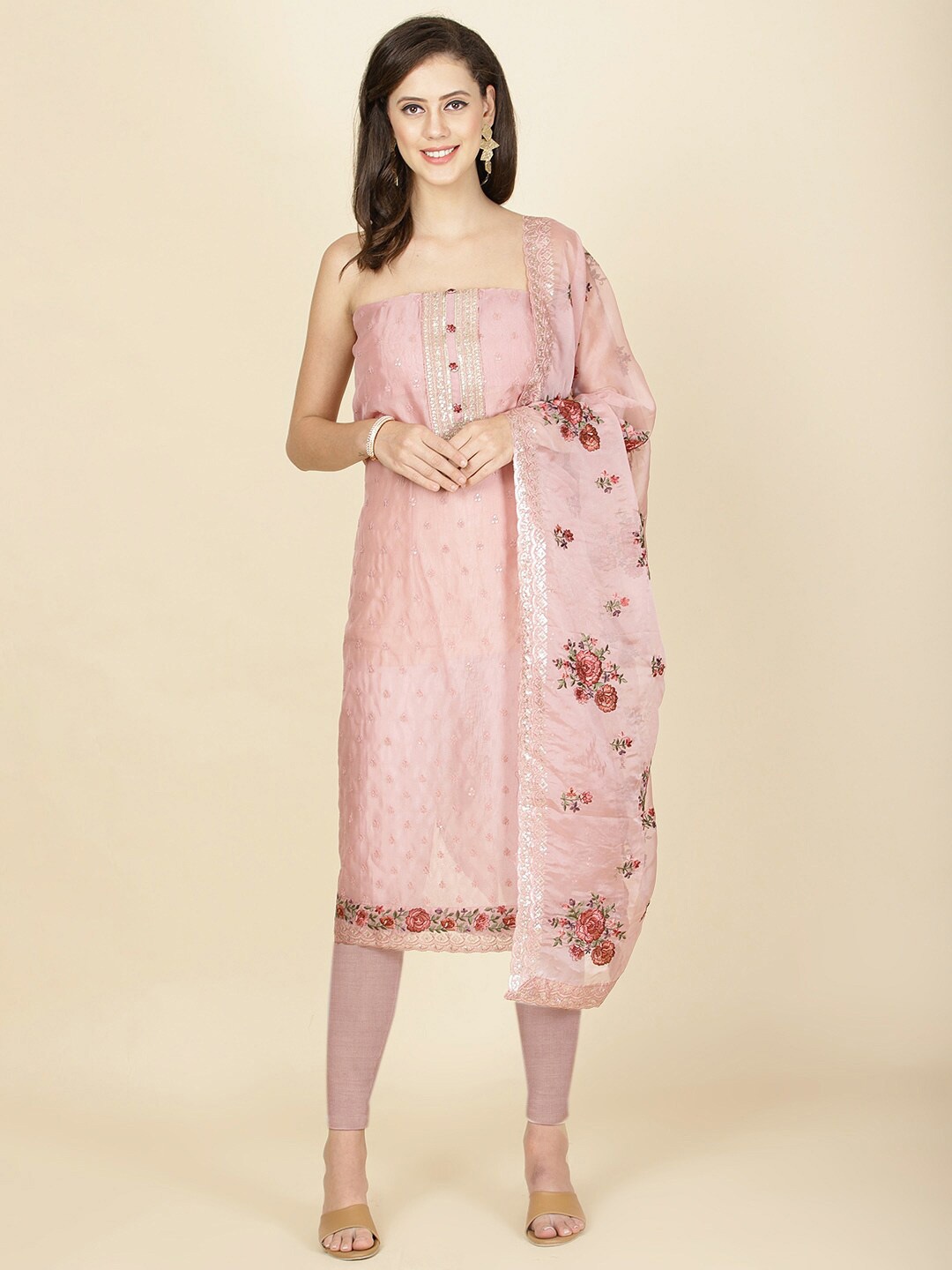 

Meena Bazaar Embroidered Organza Unstitched Dress Material, Pink