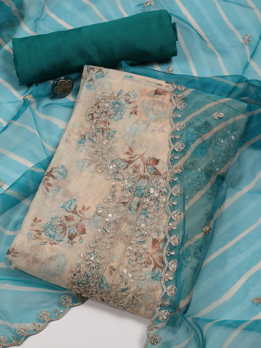 

Meena Bazaar Printed Organza Unstitched Dress Material, Beige