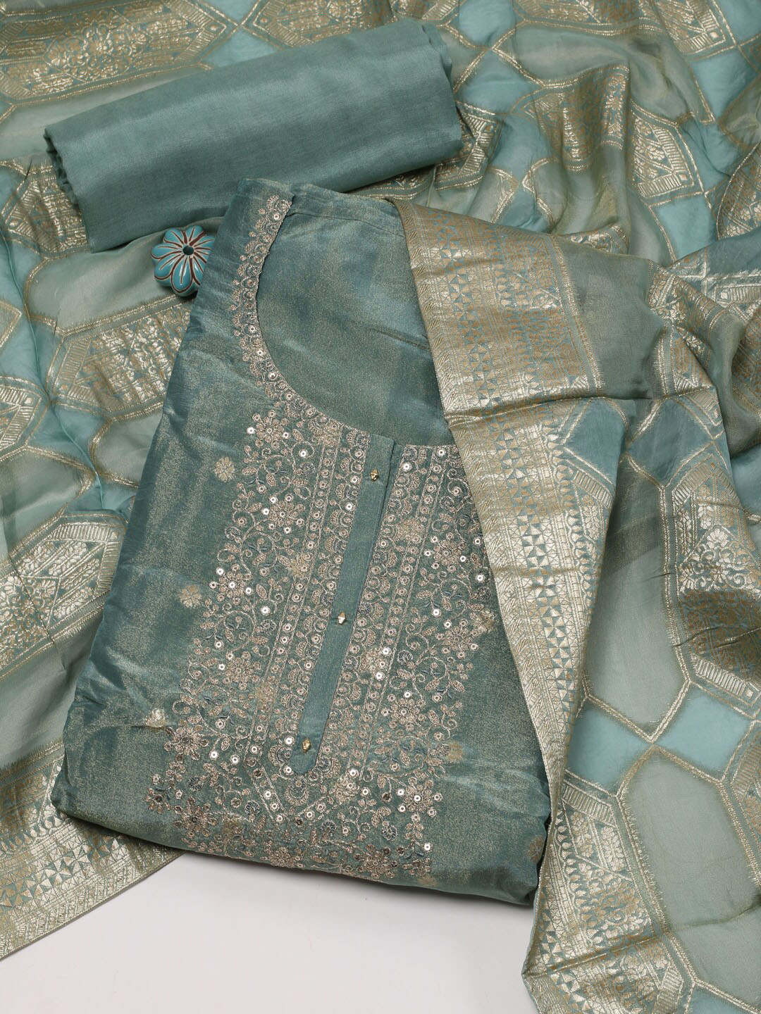 

Meena Bazaar Ethnic Motifs Woven Design Sequinned Art Silk Unstitched Dress Material, Blue