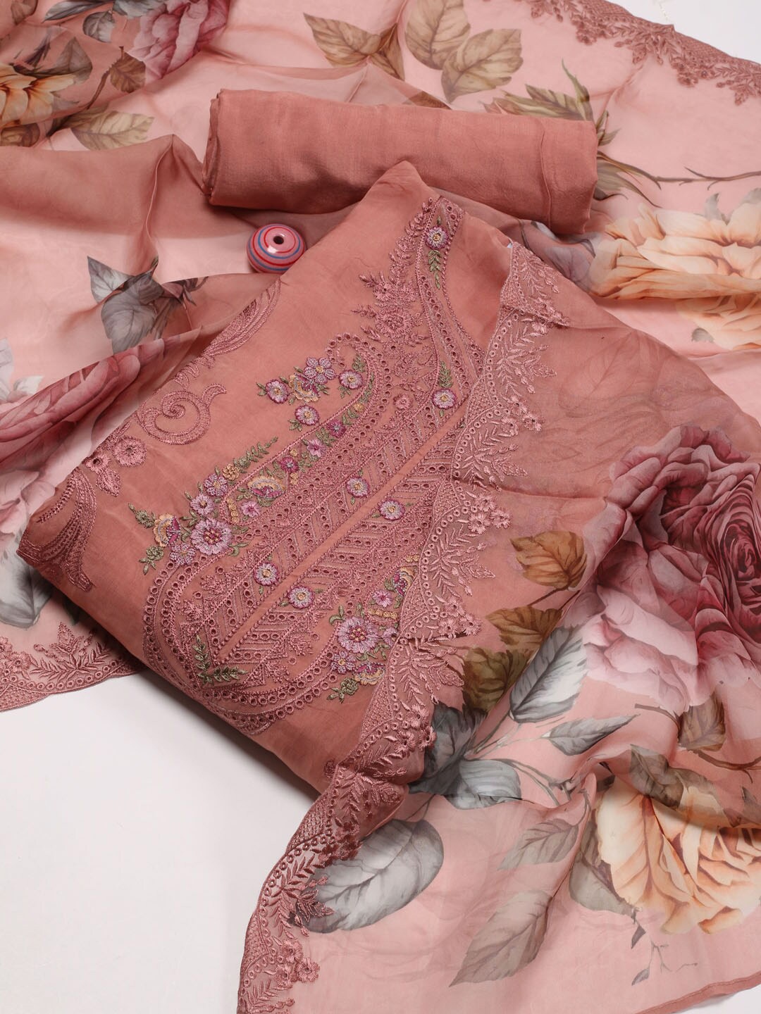 

Meena Bazaar Embroidered Organza Unstitched Dress Material, Pink