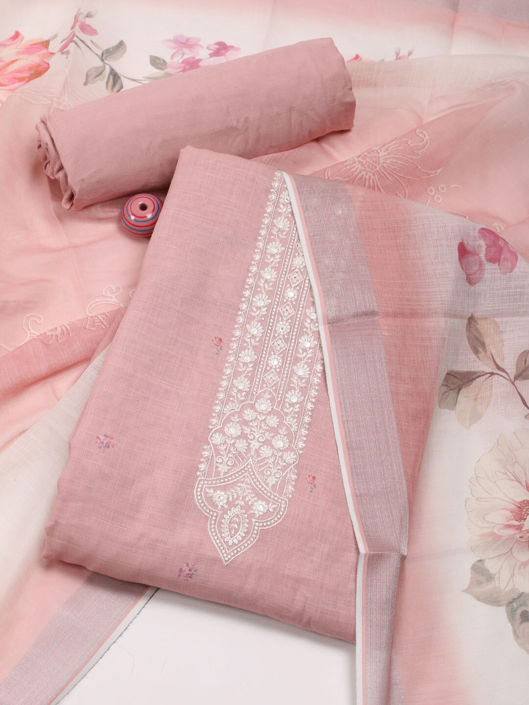 

Meena Bazaar Printed Linen Unstitched Dress Material, Pink